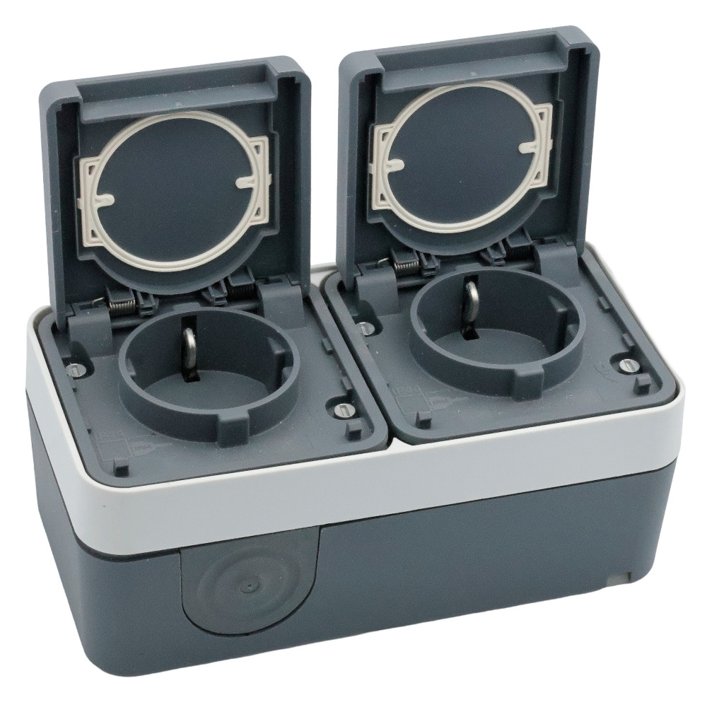 Розетка с ж/к двойная горизонтальная IP55, серая, 16А/250В W.1